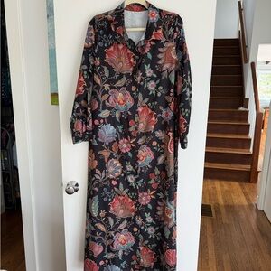 Boho Pomegranate & Floral Button Down Maxi Shirt Dress - Large